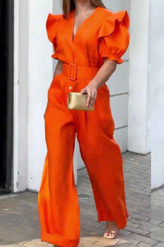 Solid Color Ruffles Puff Sleeve Sweet Wide Leg Jumpsuit Chic Style, Always In Vogue