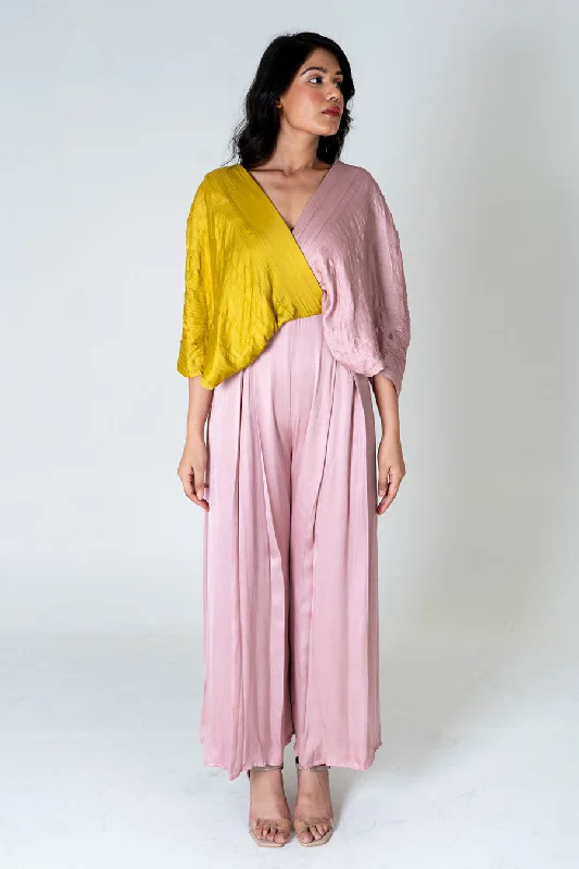 Pink-Yellow Colour-Blocked Jumpsuit Rustic Countryside Charm Look