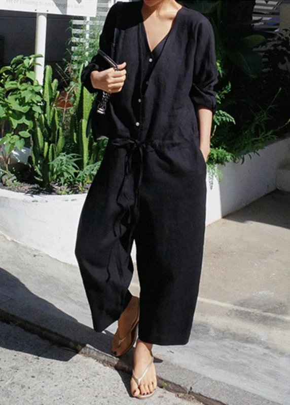 Black V Neck Tie Waist Linen Jumpsuit Spring Trendy Street Style Attire