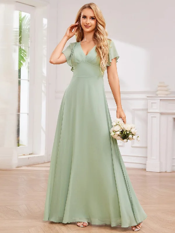 High-Waist Pleated V-Neck Bridesmaid Dress with Cross-Tie Back Best Deals Of The Season