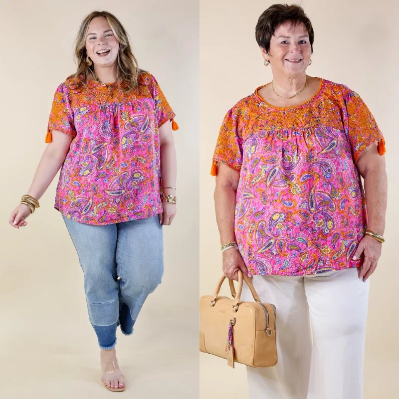 Sweet And Charming Paisley Print Top with Orange Floral Embroidery in Pink Versatile Wardrobe Essentials