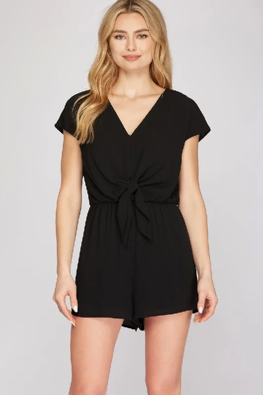 BLACK DROP SHOULDER TIE FRONT WOVEN ROMPER S12SY1608R Save Big