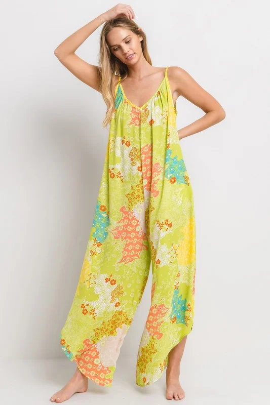 YELLOW FLORAL PRINT V-NECK JUMPSUIT BT6685WNPB Classic Women's Fashion