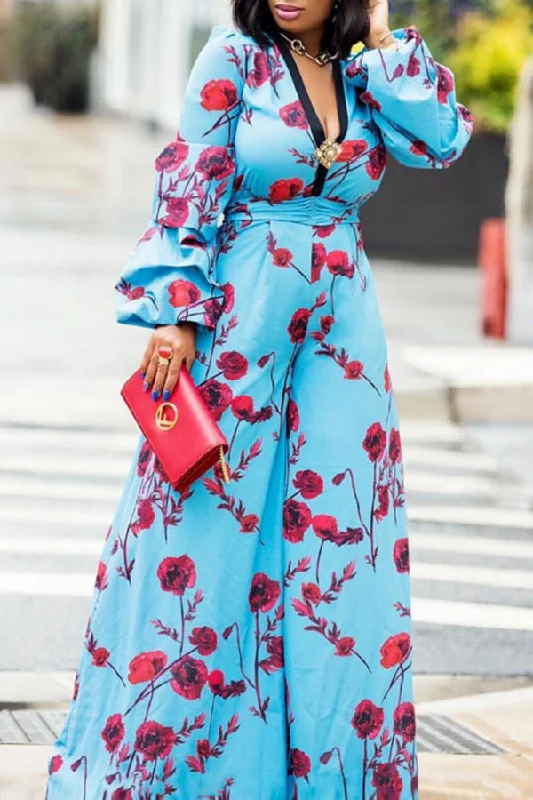 Floral Print V Neck Glamorous Puff Sleeve Jumpsuit Style Revolution