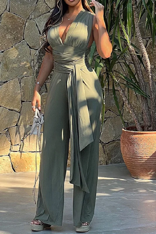 Solid Color Cozy Strappy Criss Cross Wide Leg Jumpsuit Seasonal Trend