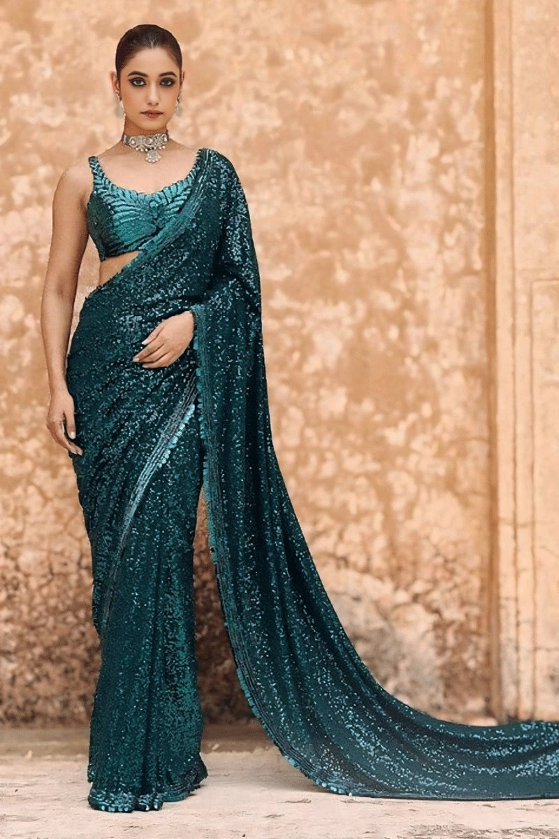 Georgette Teal Colour Sequence Saree For Girls Fast Fashion Favorites