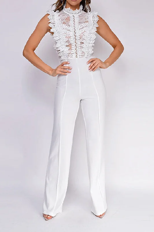 Lace Patchwork Sweet Ruffle See-Through Jumpsuit Holiday Glam