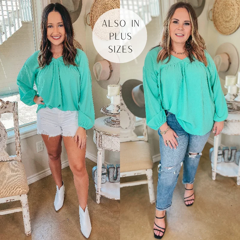 Office Feels Long Sleeve V Neck Babydoll Top in Mint Stylish Savings