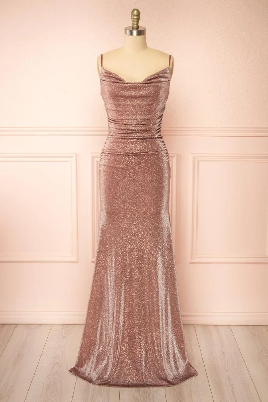 Jayna Mauve | Ruched Sparkling Mermaid Maxi Dress Statement Piece