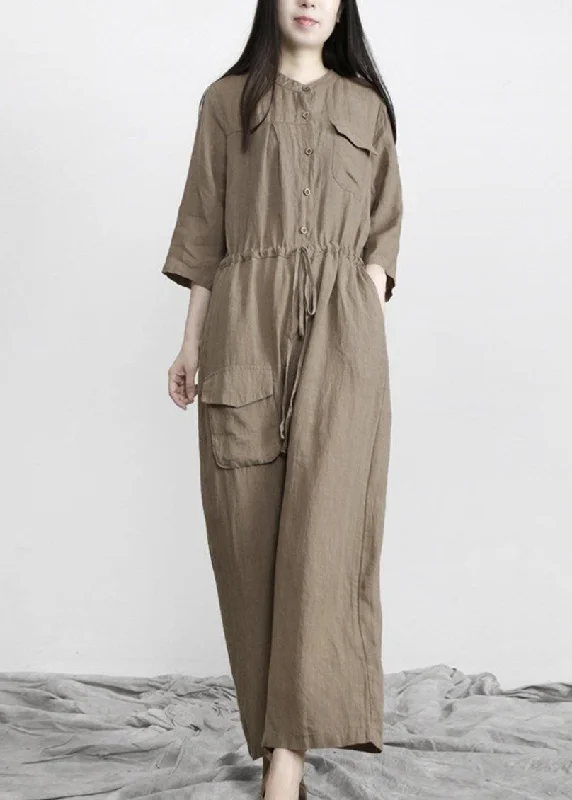 Women Gray drawstring Outfits Rompers Linen Graceful Movement