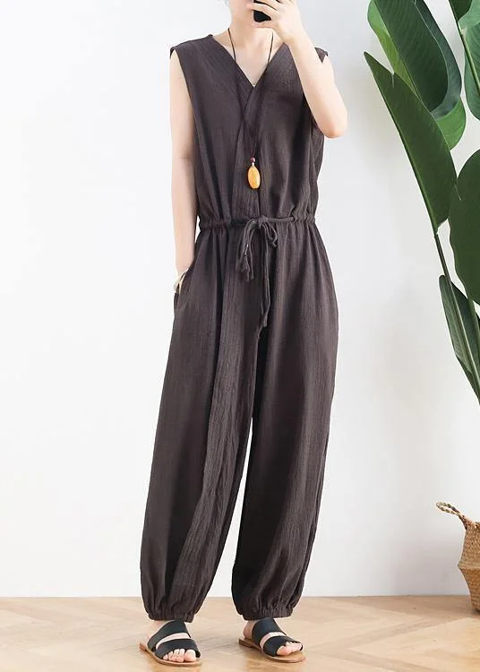 Korean version of the thin wide-leg jumpsuit female summer cotton and linen loose fashion chocolate nine points jumpsuit Style Without Limits