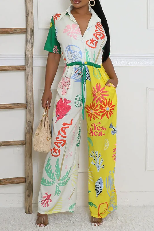 Cartoon Natural Print Casual Drawstring Wide Leg Jumpsuit Flash Sale