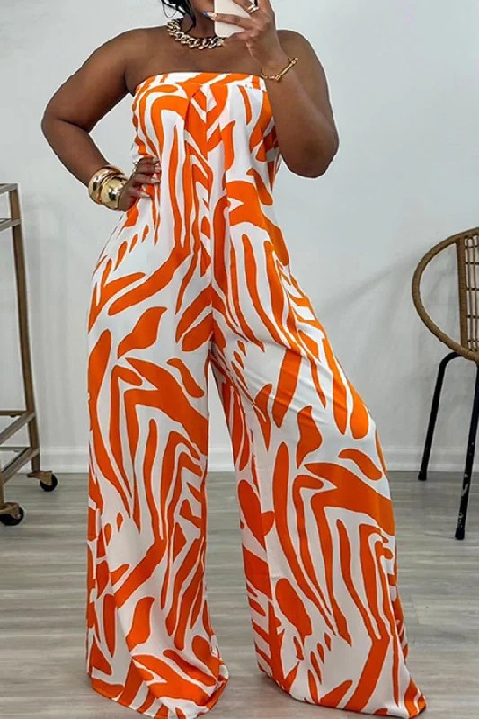 Abstract Print Tropical Strapless Wide Leg Jumpsuit Season Sale