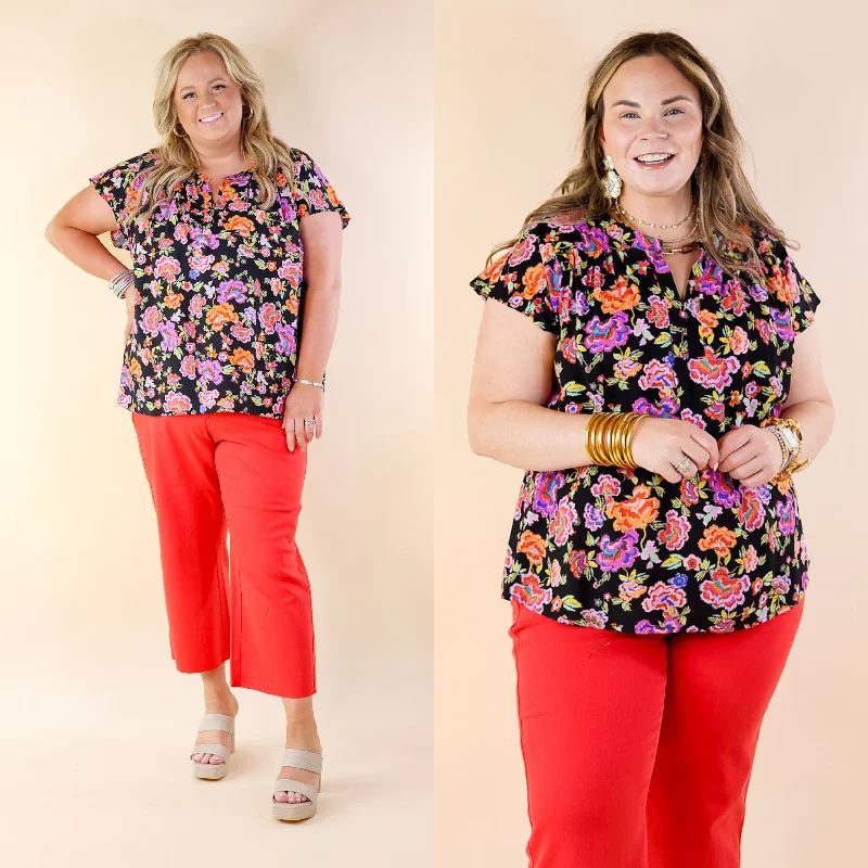 Whimsical Wonder Floral Print Top with Notched Neckline and Drop Sleeves in Black Versatile Style Wardrobe