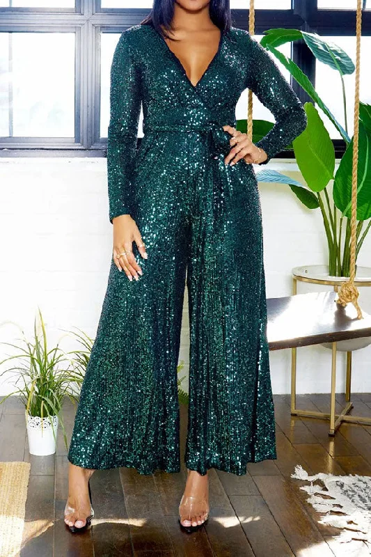 Solid Color Sequined Sparkly V Neck Belted Jumpsuit Discounts On Casual Weekend Styles