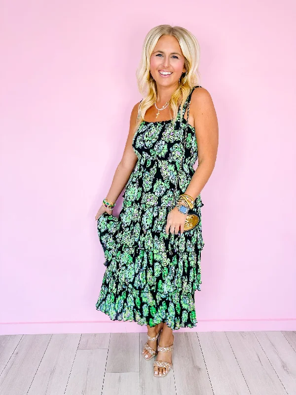 HONOLULU GARDEN SMOCKED MIDI DRESS - BLACK Evening Looks