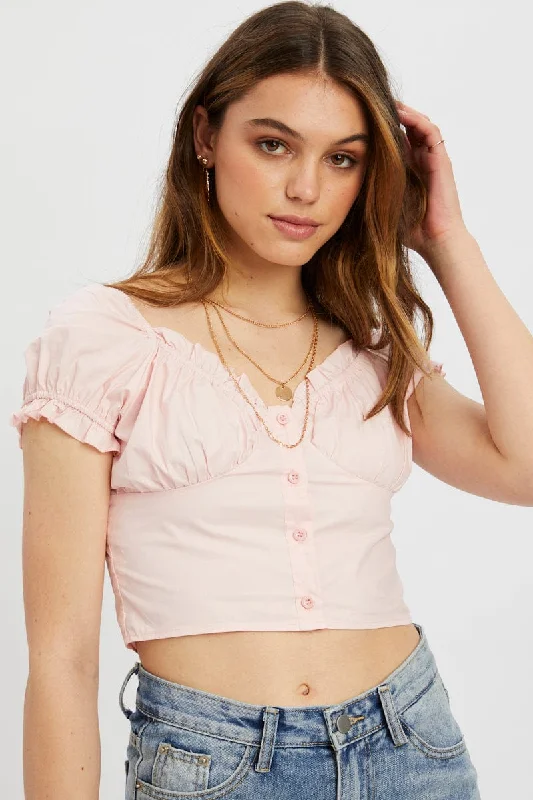 Pink Button Front Puff Sleeve Milkmaid Top Special Offers, Don't Miss