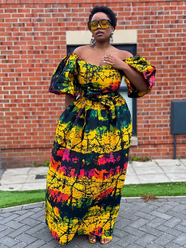 Brenie Ankara Off Shoulder Maxi Dress | Green and Yellow Multicoloured African Print Spring Wardrobe