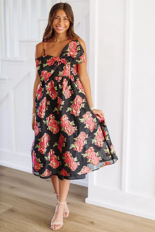 Scarlett Blossom Midi Dress - Black and Fuchsia Clearance Sale, All Cheap