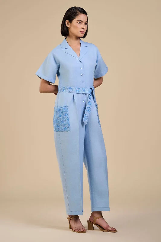 Ice Blue Embroidered Pocket Jumpsuit Special Occasion Wear