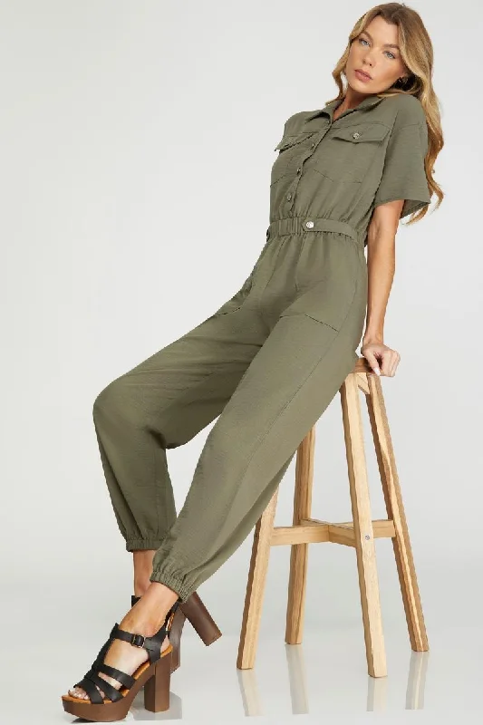 OLIVE COLLARED SHORT SLEEVES FLAP FRONT POCKET WOVEN JUMPSUIT S12SY6661 Quick Grab Deals