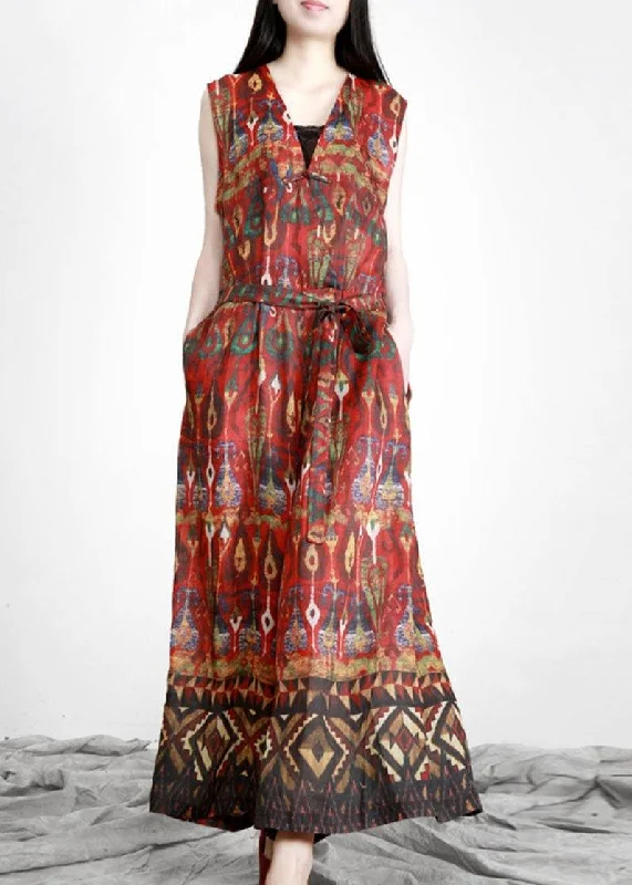 Italian Red Print Linen Sundress Drawstring Elevated Style