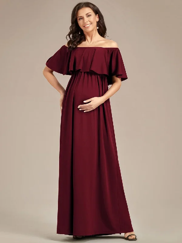 Flattering A-Line Maternity Dress with Off-Shoulder Ruffle Fashion Frontiers