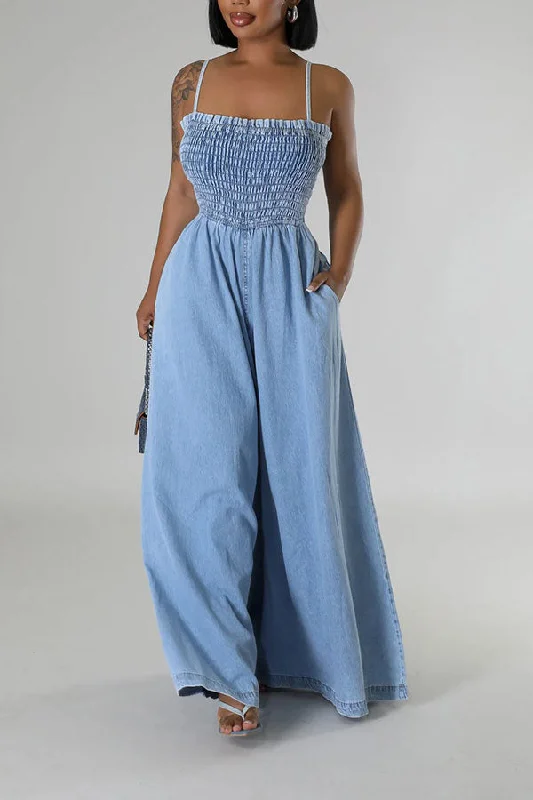 Solid Color Spaghetti Strap Casual Wide Leg Denim Jumpsuit Fashion-Forward