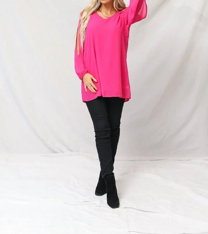 Meg Chiffon Slit Top In Hot Pink Daily Deals