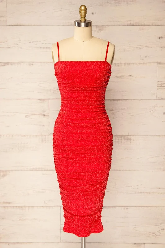 Baku Red | Fitted Ruched Sparkly Midi Dress Cutting Edge Fashion