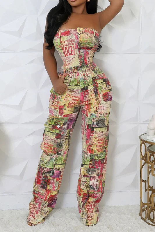 Colorful Newspaper Print Strapless Multi Pocket Denim Jumpsuit Modern Romance