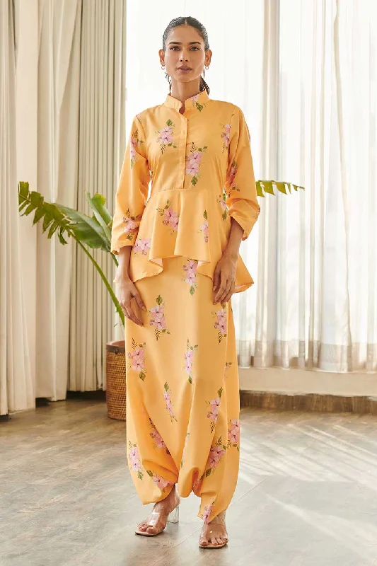 Yellow Floral Print Peplum Dhoti Jumpsuit Latest Trends