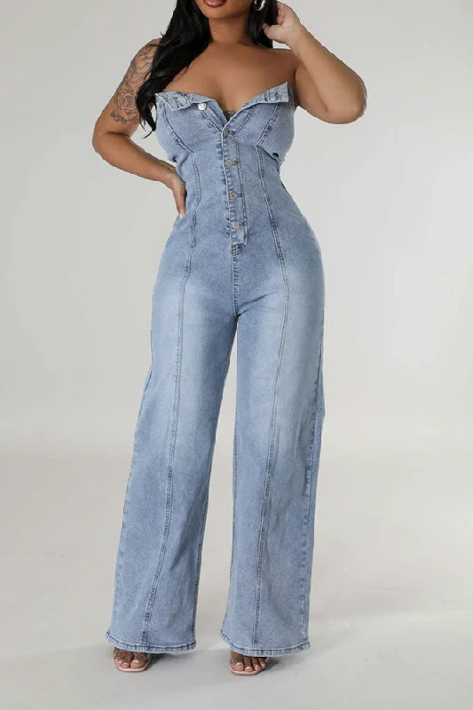 Gradient Washed Denim Glamorous Wide Leg Jumpsuit Mega Sale