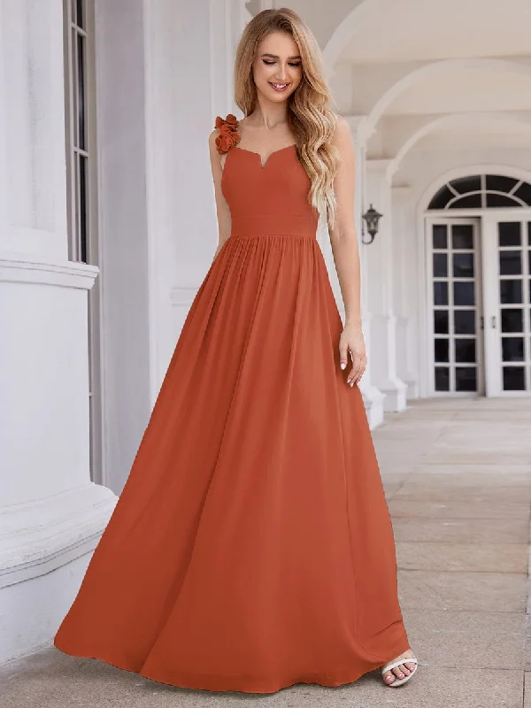 Floral Strap V-Neck Chiffon Bridesmaid Dress with A-Line Silhouette Contemporary Elegance