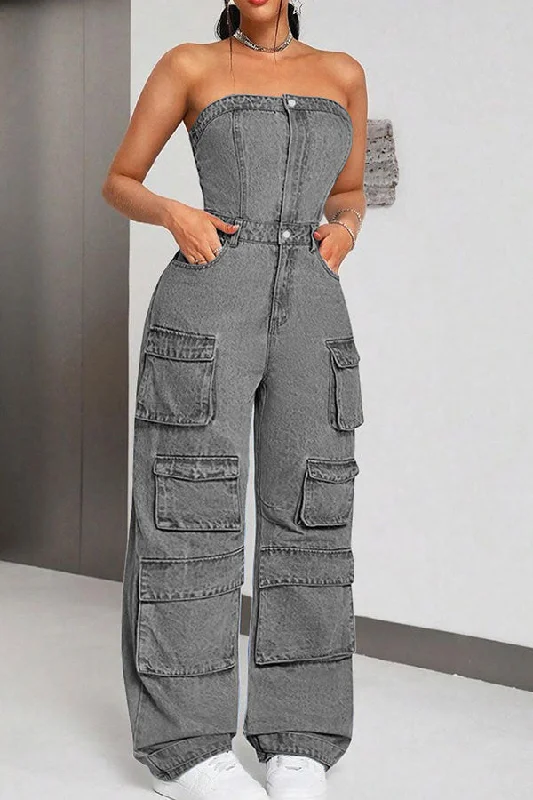 Solid Color Denim Strapless Urban Multi Pocket Jumpsuit Effortless Comfort