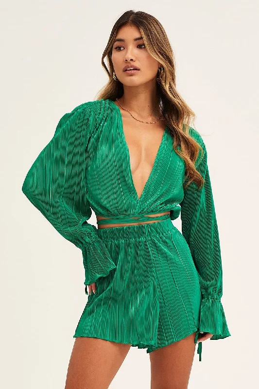 Green Plisse Wrap Top Long Sleeve Crop Huge Price Cut