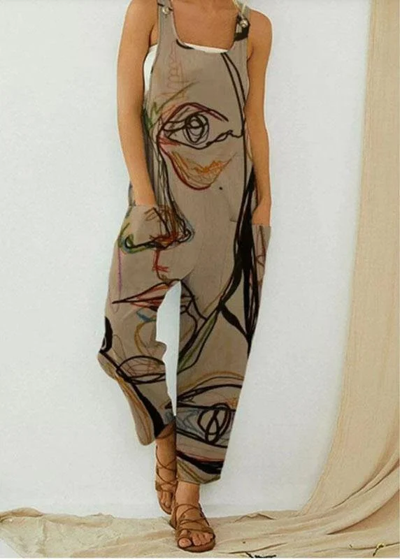 Vintage Abstract Art Illustration Print Straps Women Jumpsuit With Pocket Hot Trends