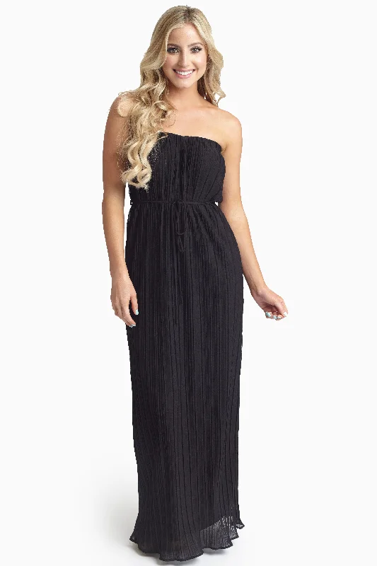 Black Pleated Chiffon Strapless Maxi Dress Chic Style, Always In Vogue