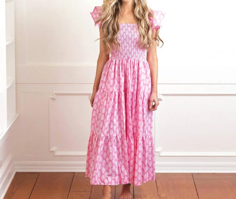 Block Print Smocked House Dress In Pink & White Feminine Elegance