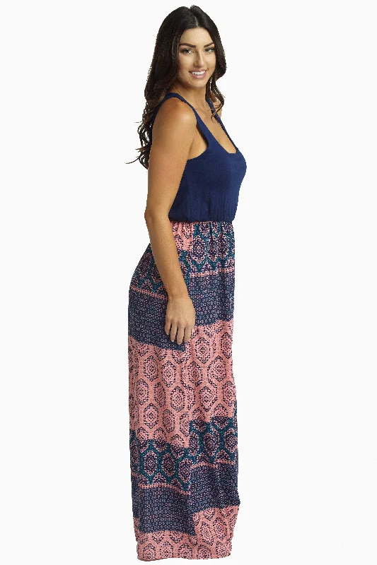 Coral Navy Geometric Bottom Maxi Dress Special Offer For You