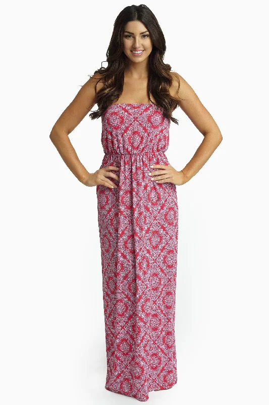 Fuchsia Paisley Diamond Strapless Maxi Dress Modern Women's Fashion