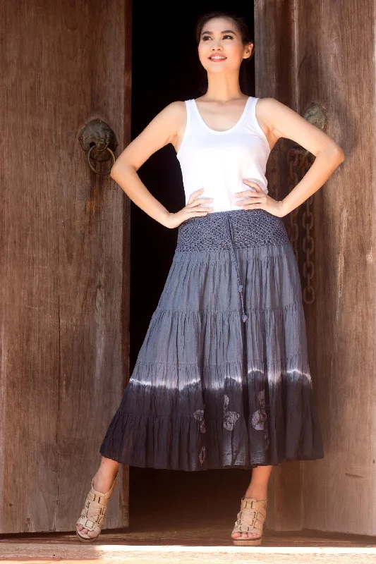 Grey Boho Chic Long Cotton Batik and Crochet Skirt from Thailand Limited Time Deal