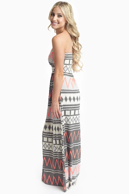 Grey Pink Chevron Tribal Printed Strapless Maxi Dress Fashionista Favorites