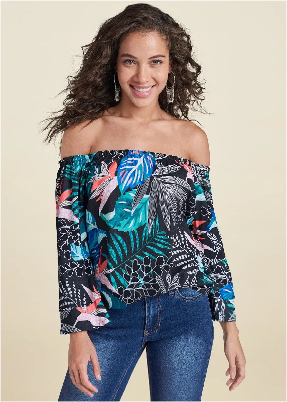 Off-Shoulder Printed Top - Blue Multi Trendy Street Style Attire