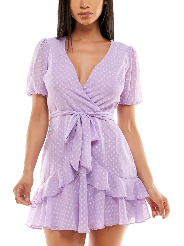 Juniors Womens Ruffled Plunge-Neck Fit & Flare Dress Step Ahead, Lead The Trend