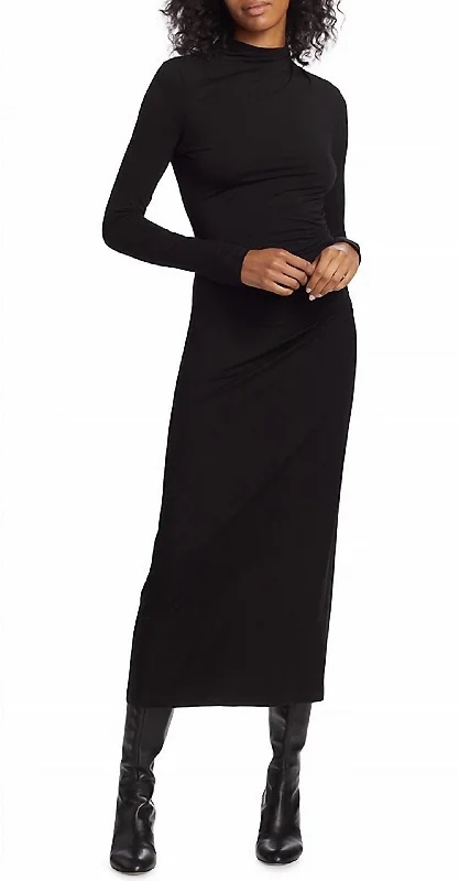 Long Sleeve Turtle Neck Ruched Midi Dress In Black Chic Outfits