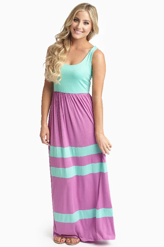 Magenta Mint Green Striped Bottom Colorblock Maxi Dress Cool Prices