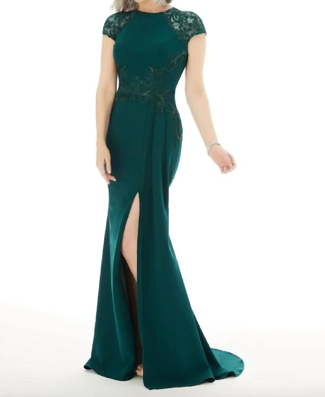 Mgny - Fit And Flare Evening Gown With Beading On Crepe In Emerald Season Sale