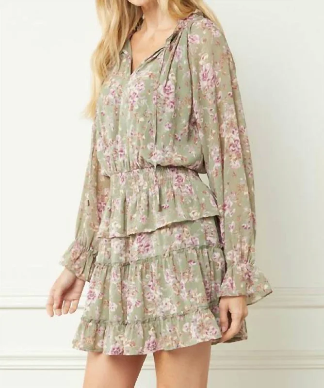 Mini Floral Print Dress in Olive The Latest Trends