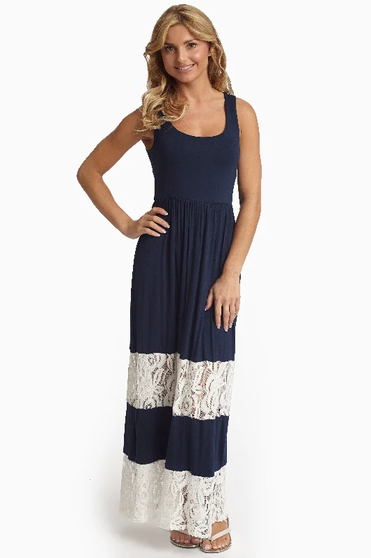 Navy Blue Lace Colorblock Maxi Dress Your Timeless Wardrobe Awaits